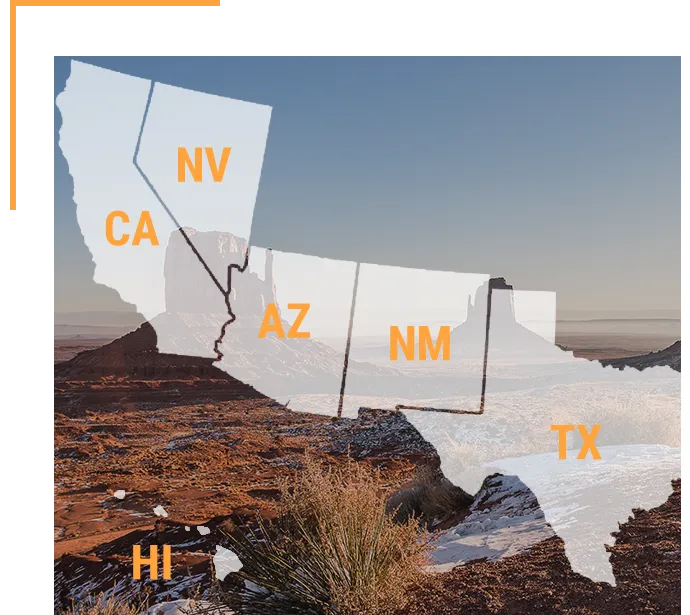 Map of the Southwest states serviced by Phoenix Renewable Services: CA, NV, AZ, NM, TX and HI